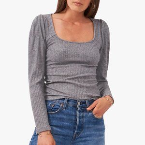 1.State Puff Sleeve Back Cutout Pewter Heather Ribbed Long Sleeve Top S
